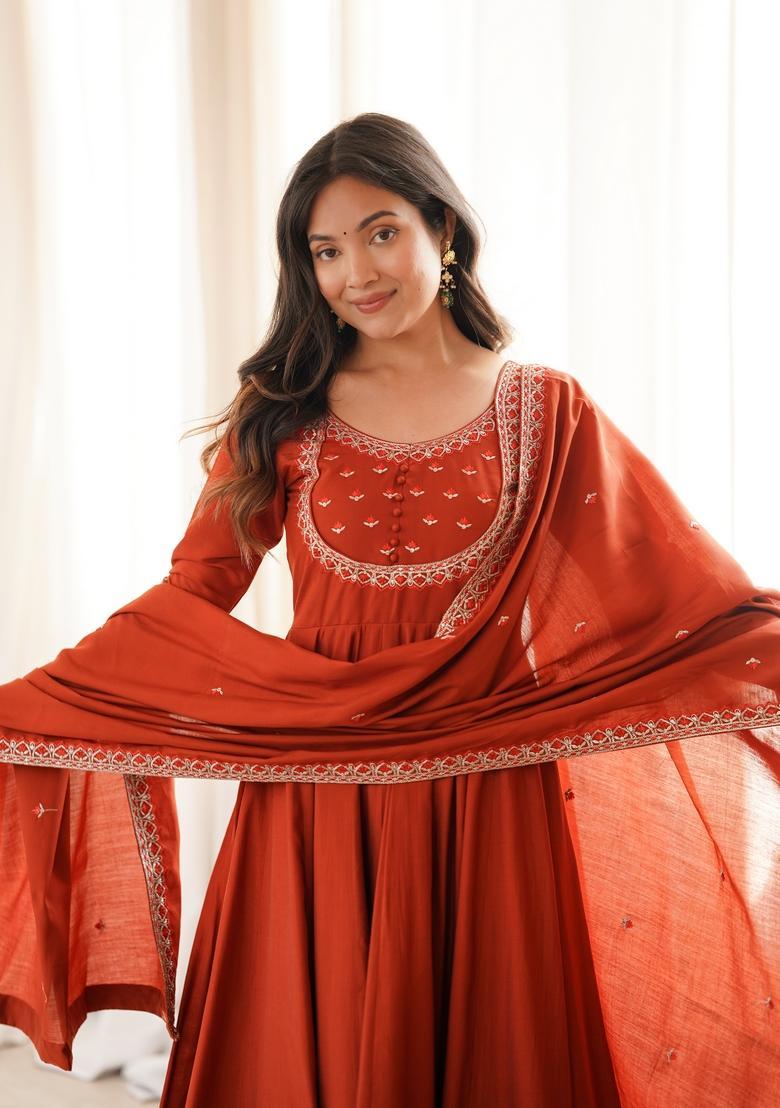 Rust Orange Embroidered Silk Kurta Set - Indya