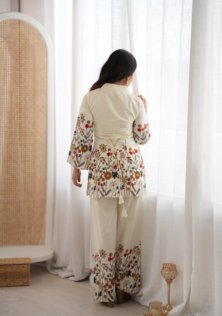 White Printed Cotton Kurta Set - Indya