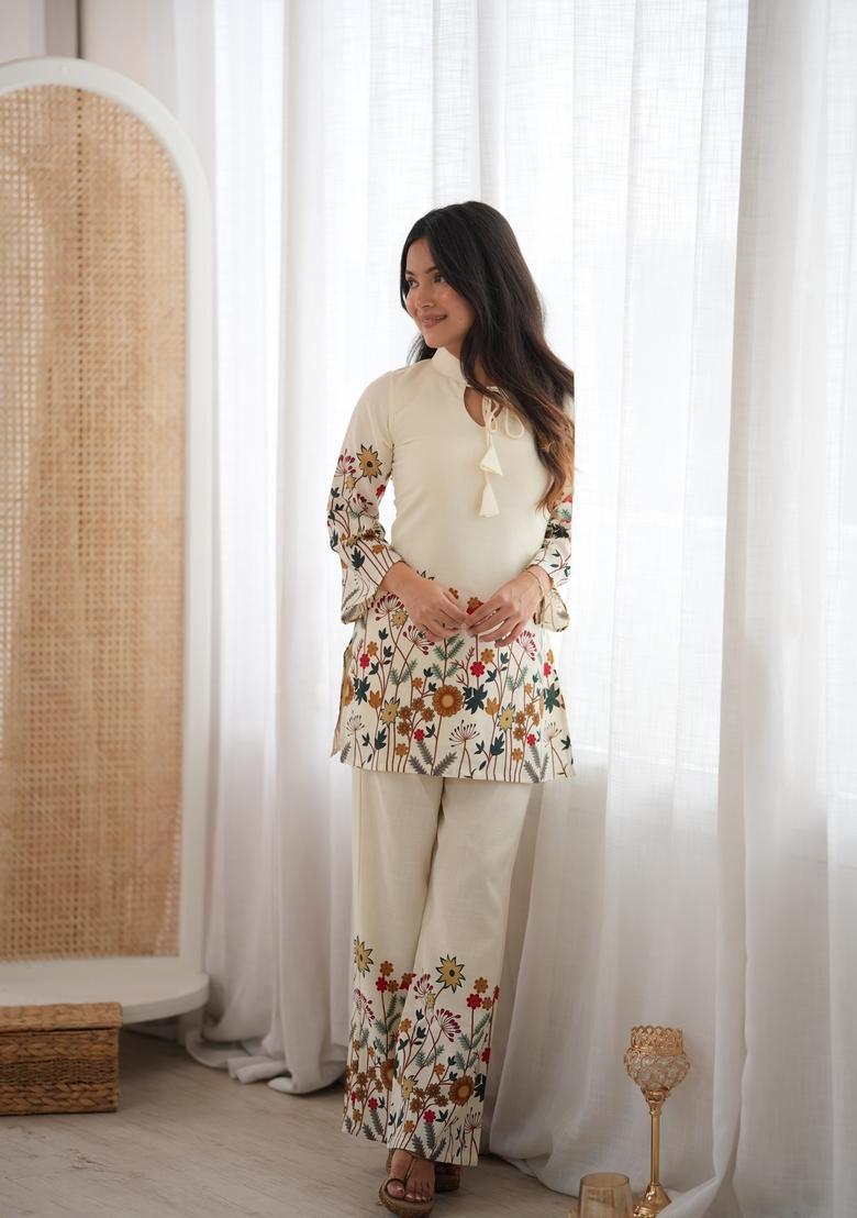 White Printed Cotton Kurta Set - Indya