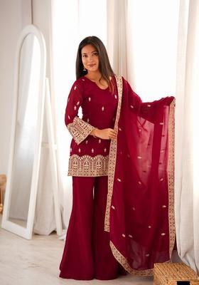 Maroon Embroidered Silk Kurta Set