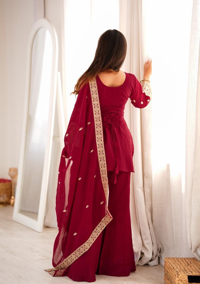 Maroon Embroidered Silk Kurta Set - Indya