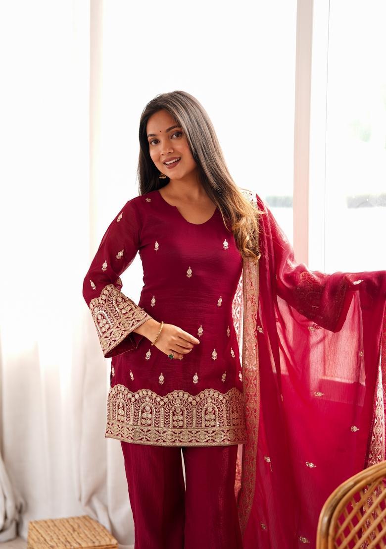 Maroon Embroidered Silk Kurta Set - Indya