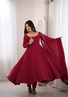 Maroon Embroidered Mul Chanderi Kurta Set