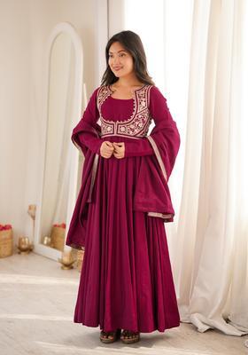 Dark Rani Pink Embroidered Silk Kurta Set