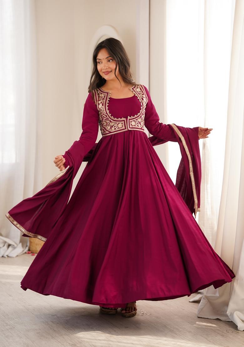 Dark Rani Pink Embroidered Silk Kurta Set - Indya