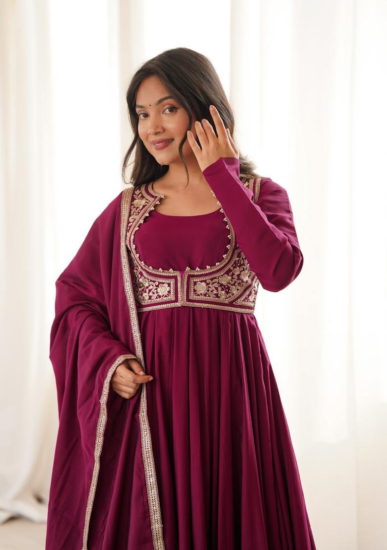 Dark Rani Pink Embroidered Silk Kurta Set - Indya