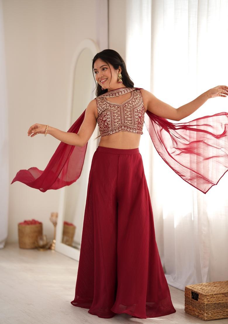 Maroon Embroidered Silk Indo Western Set - Indya