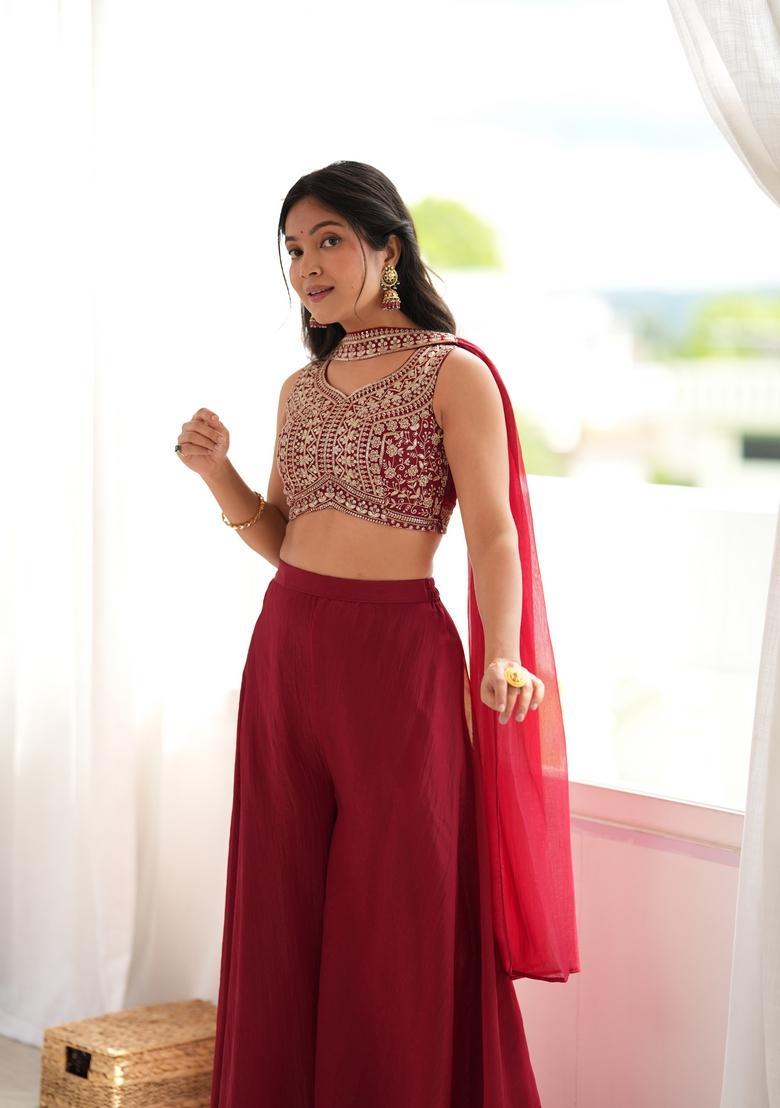 Maroon Embroidered Silk Indo Western Set - Indya