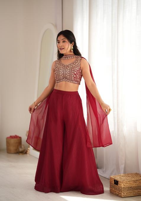 Maroon Embroidered Silk Indo Western Set