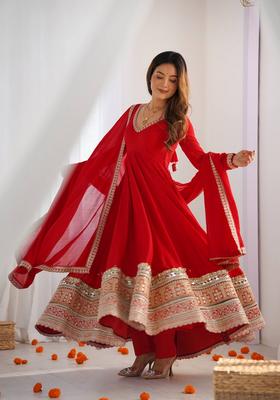 Red Embroidered Silk Kurta Set