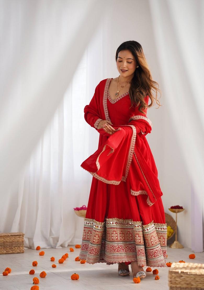 Red Embroidered Silk Kurta Set - Indya