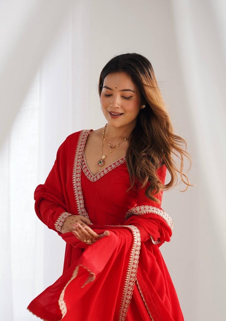 Red Embroidered Silk Kurta Set - Indya