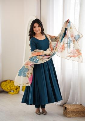 Teal Blue Embroidered Silk Kurta Set
