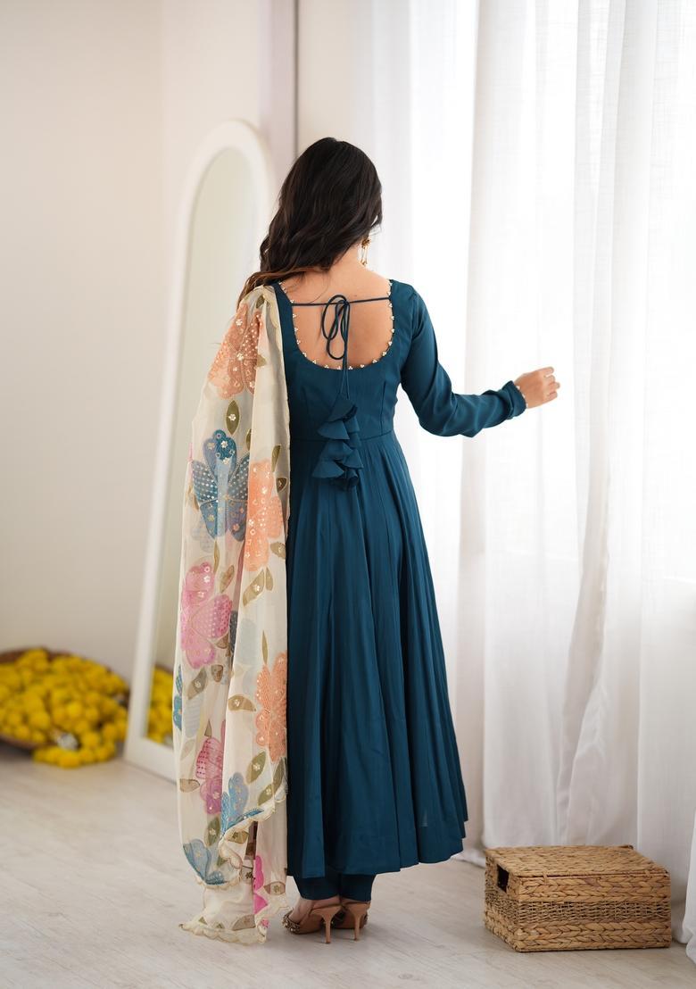 Teal Blue Embroidered Silk Kurta Set - Indya