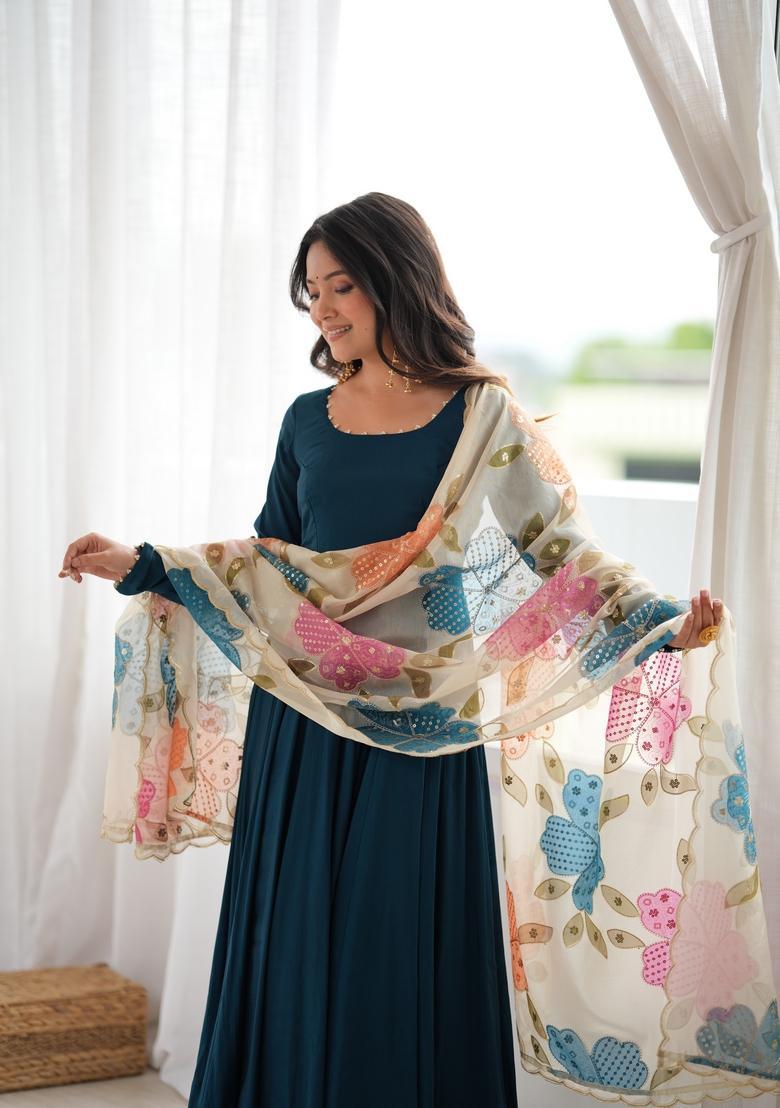 Teal Blue Embroidered Silk Kurta Set - Indya