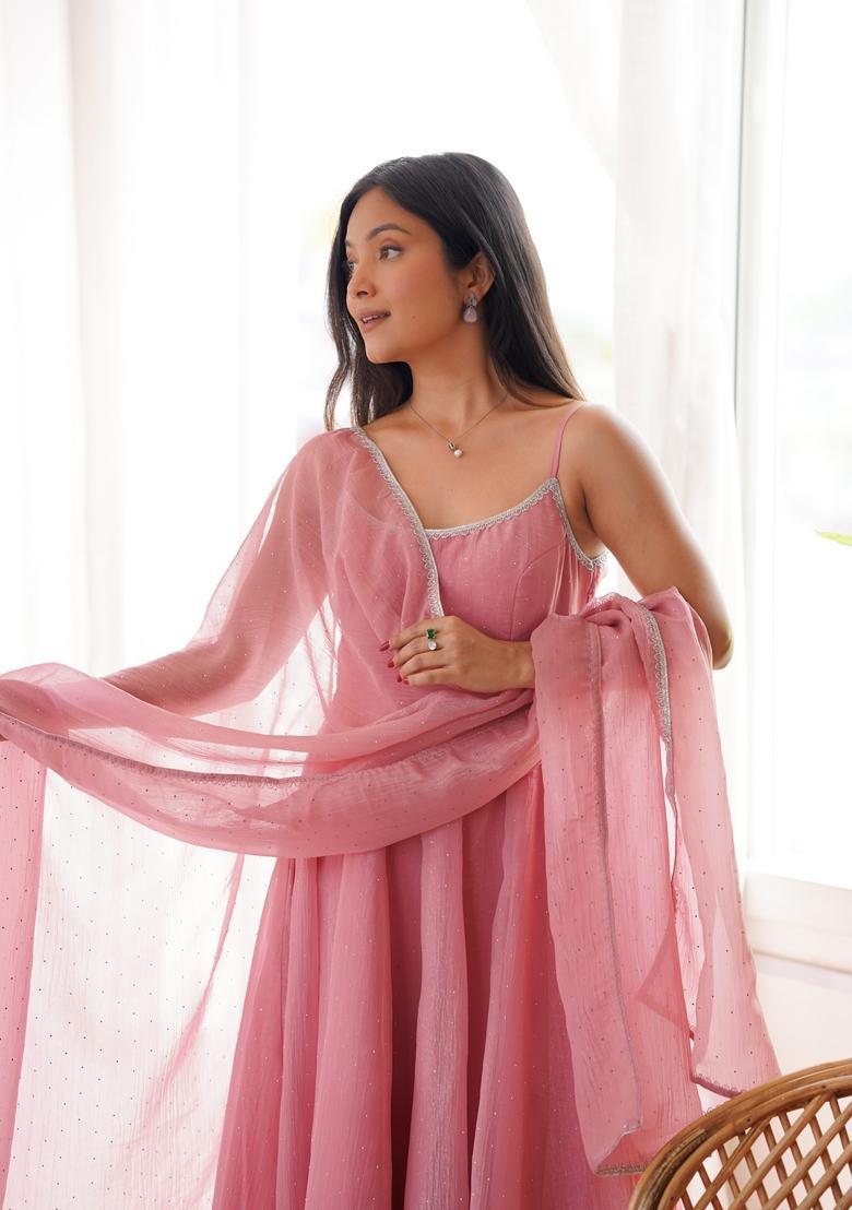 Pink Siroski Work Silk Kurta Set - Indya