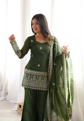 Green Sequin Work Silk Kurta Set