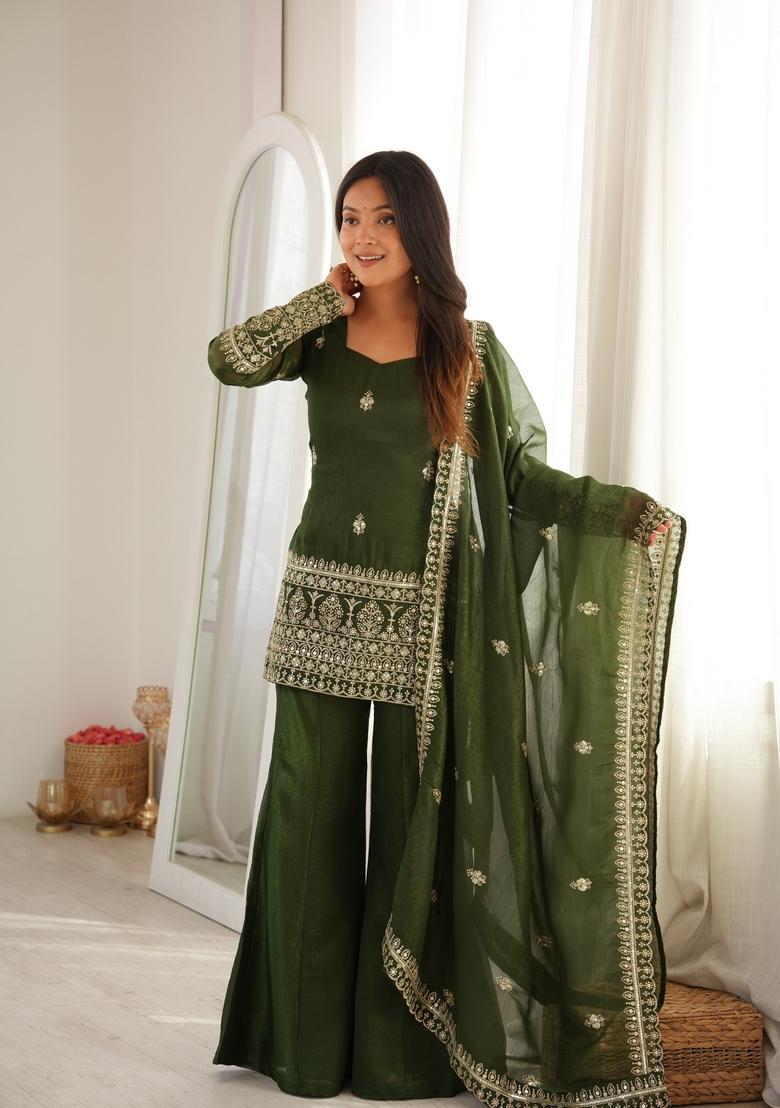 Green Sequin Work Silk Kurta Set - Indya