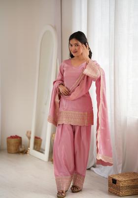 Pink Embroidered Silk Kurta Set