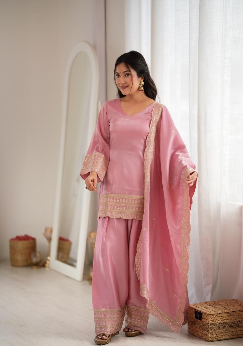 Pink Embroidered Silk Kurta Set - Indya