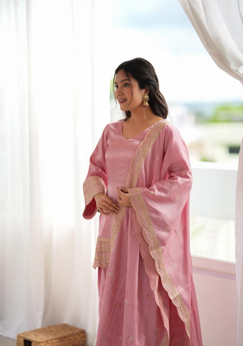 Pink Embroidered Silk Kurta Set - Indya