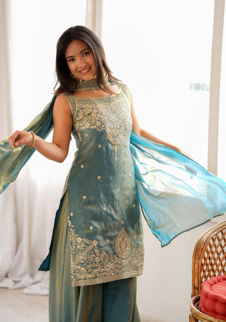 Blue Embroidered Silk Kurta Set - Indya