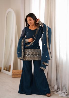 Blue Embroidered Silk Kurta Set