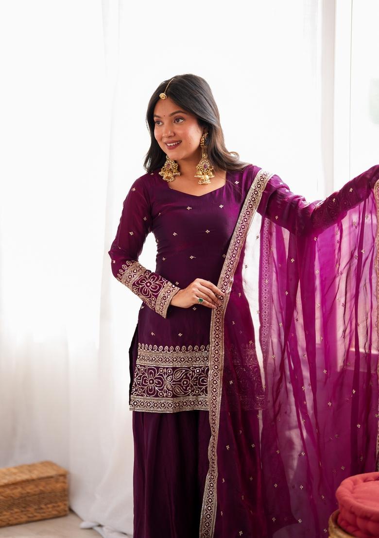 Wine Embroidered Silk Kurta Set - Indya
