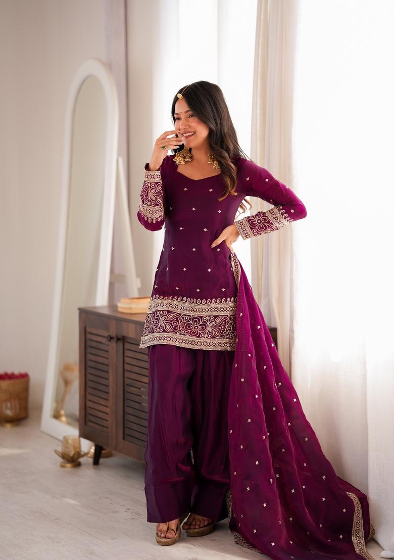 Wine Embroidered Silk Kurta Set - Indya