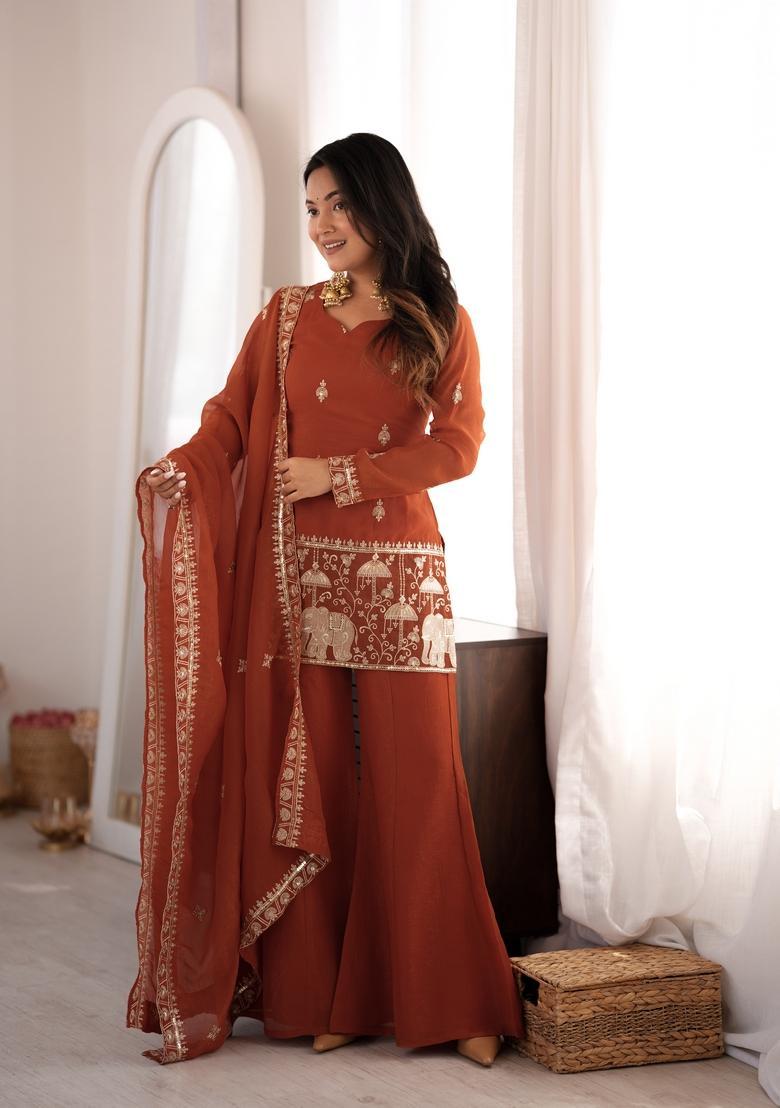 Rust Embroidered Silk Kurta Set - Indya
