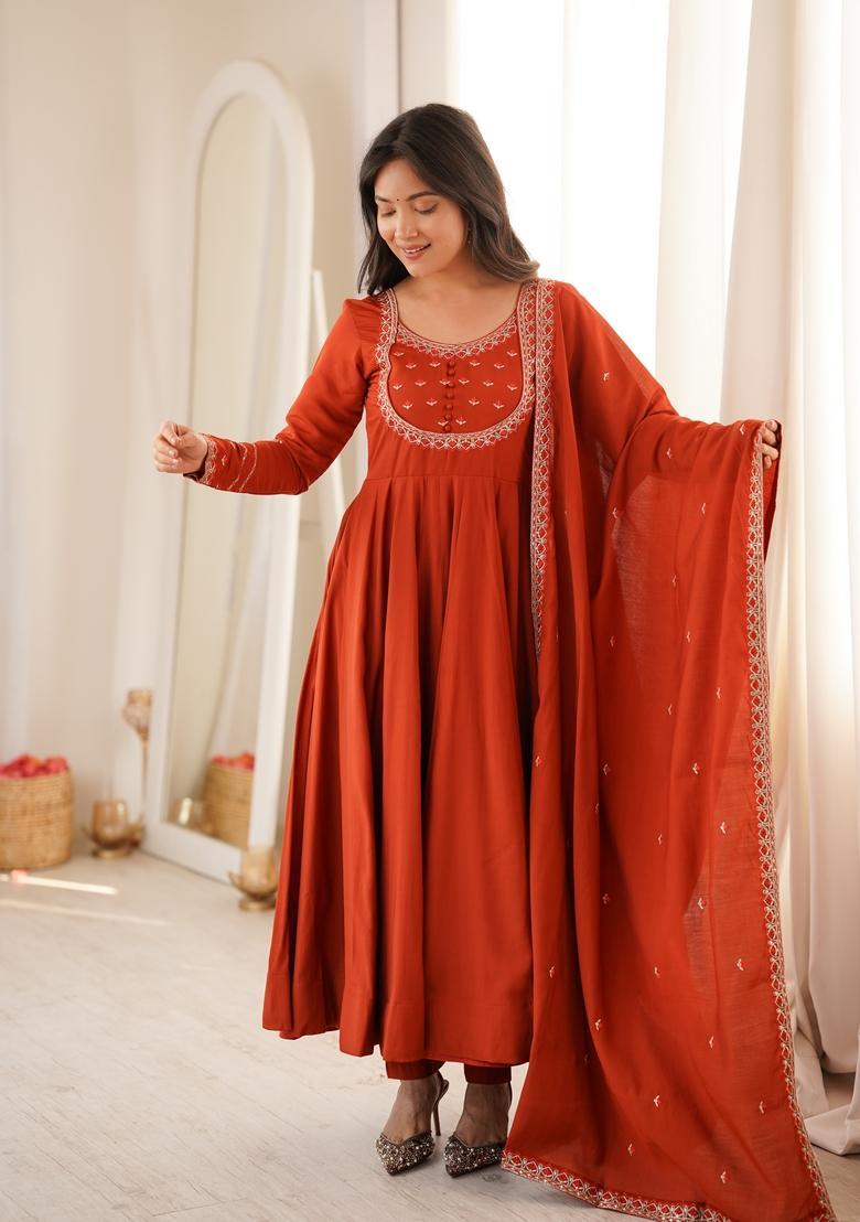 Orange Embroidered Silk Kurta Set - Indya