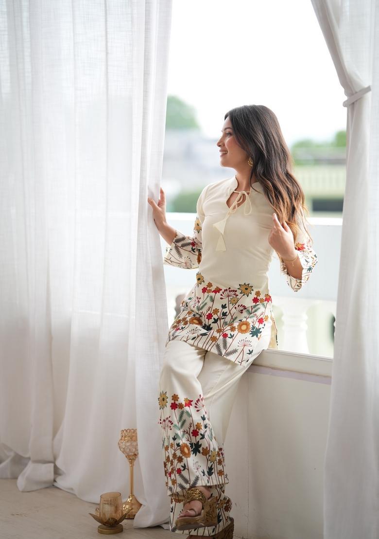 White Printed Cotton Kurta With Dupatta - Indya