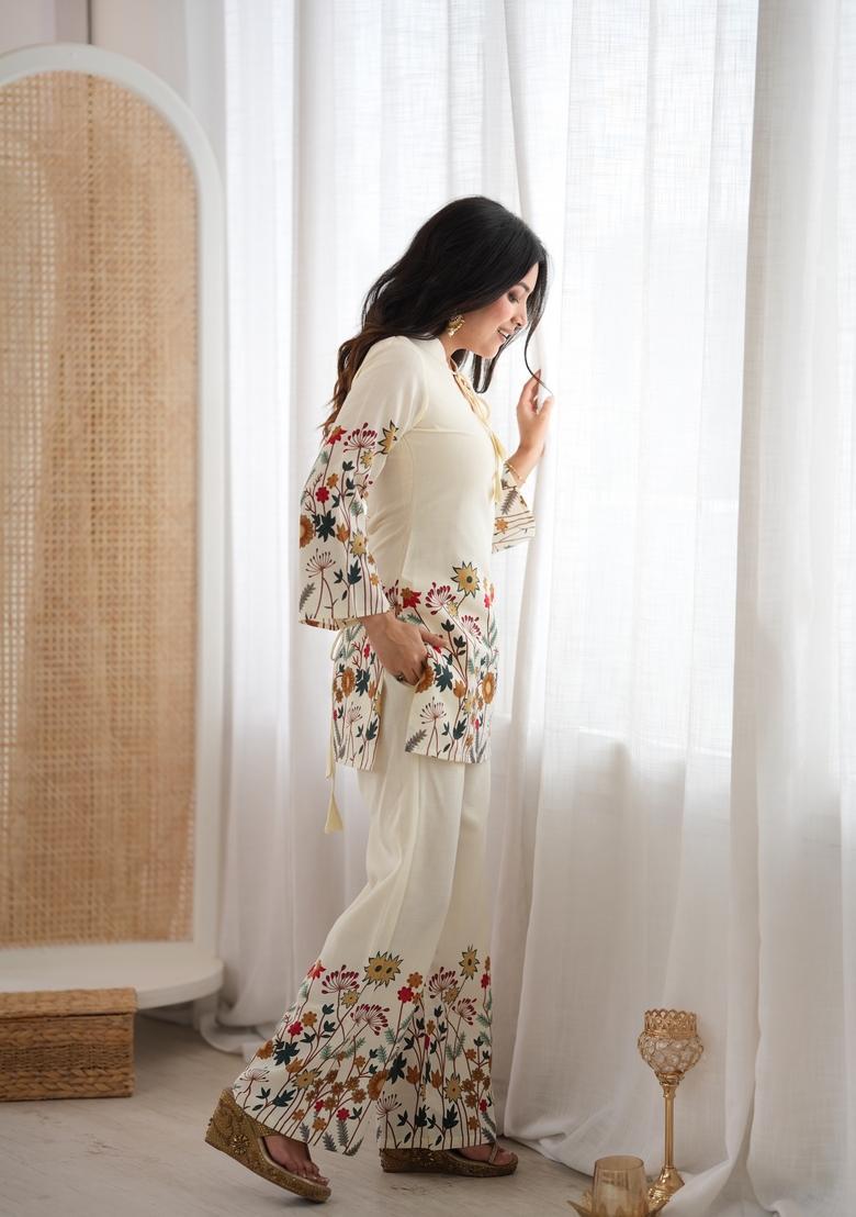 White Printed Cotton Kurta With Dupatta - Indya