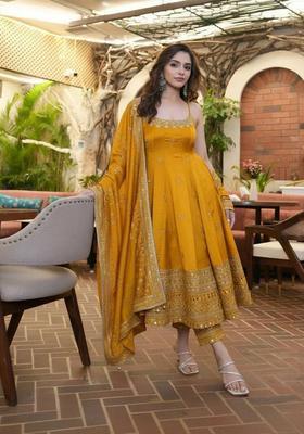 Yellow Sequin Work Silk Kurta Set