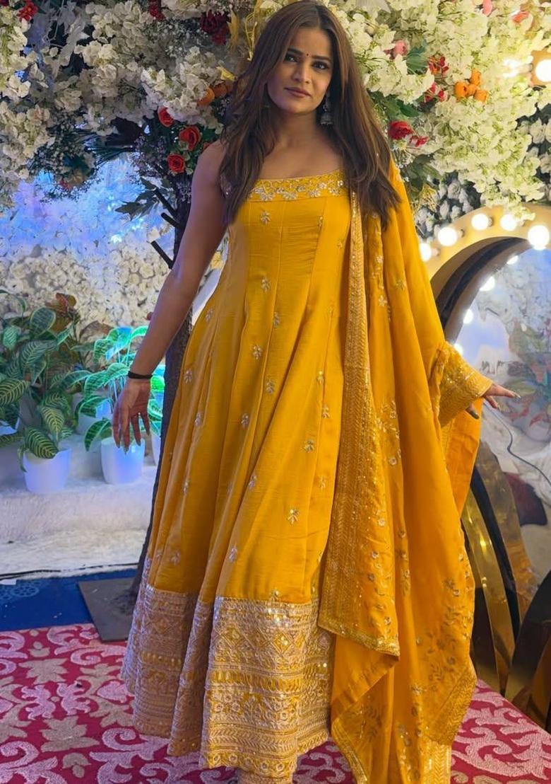 Yellow Sequin Work Silk Kurta Set - Indya