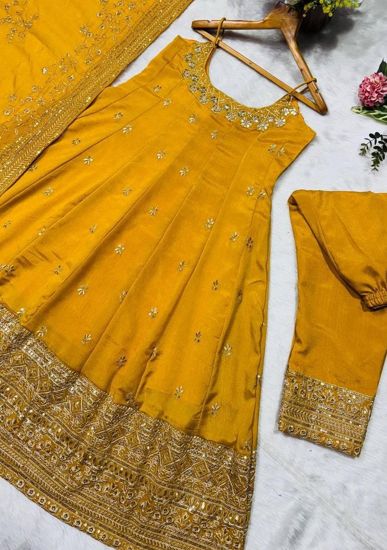 Yellow Sequin Work Silk Kurta Set - Indya