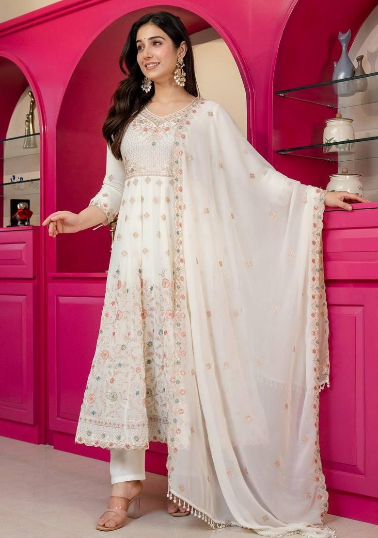 White Sequin Work Silk Kurta Set - Indya