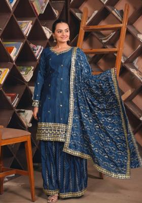 Navy Blue Sequin Work Chiffon Kurta Set