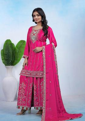 Hot Pink Sequin Work Chiffon Kurta Set