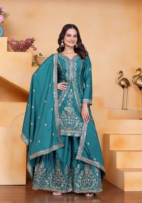 Teal Green Sequin Work Crepe Kurta Set