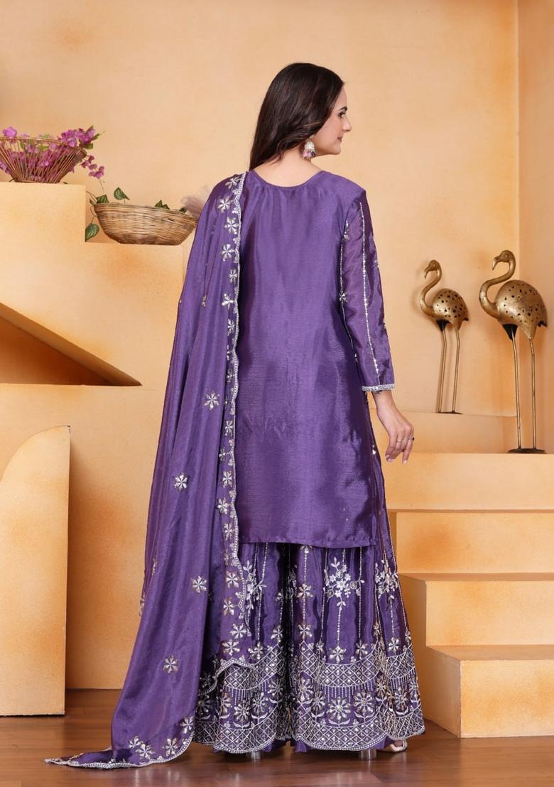 Purple Sequin Work Silk Kurta Set - Indya