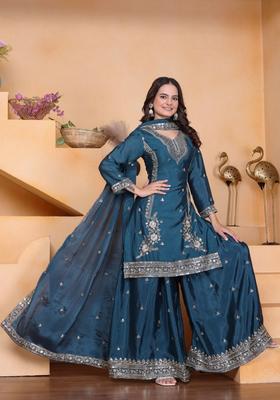 Teal Blue Sequin Work Silk Kurta Set