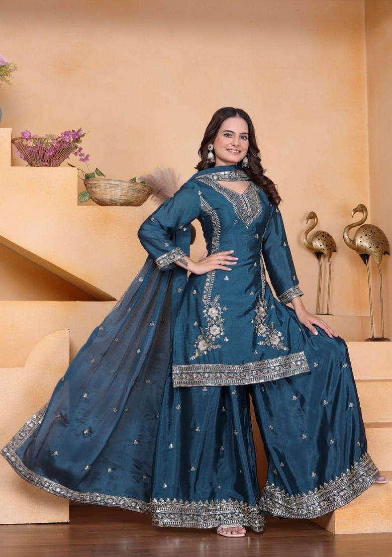 Teal Blue Sequin Work Silk Kurta Set - Indya
