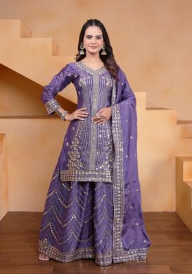 Lavender Sequin Work Silk Kurta Set