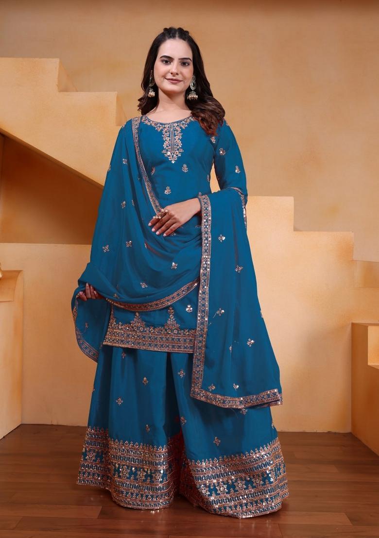 Teal Blue Sequin Work Silk Kurta Set - Indya