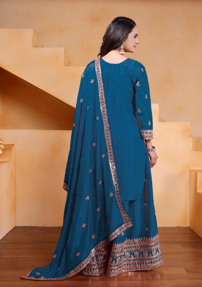 Teal Blue Sequin Work Silk Kurta Set - Indya
