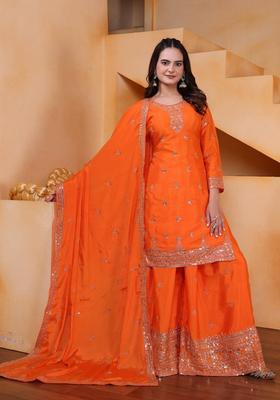 Orange Sequin Work Silk Kurta Set