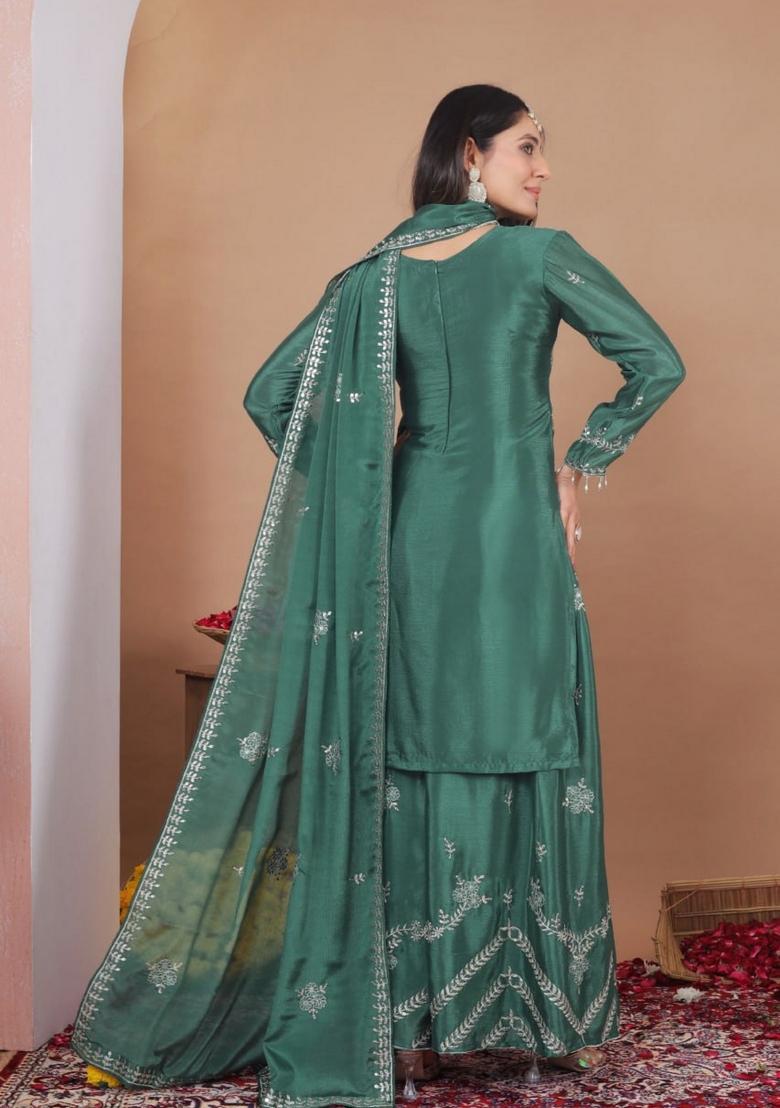 Sea Green Sequin Work Silk Kurta Set - Indya