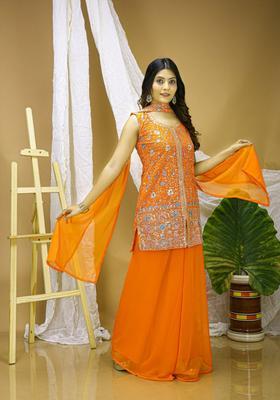 Orange Sequin Work Georgette Kurta Set