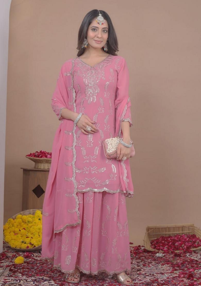 Light Pink Sequin Work Georgette Kurta Set - Indya